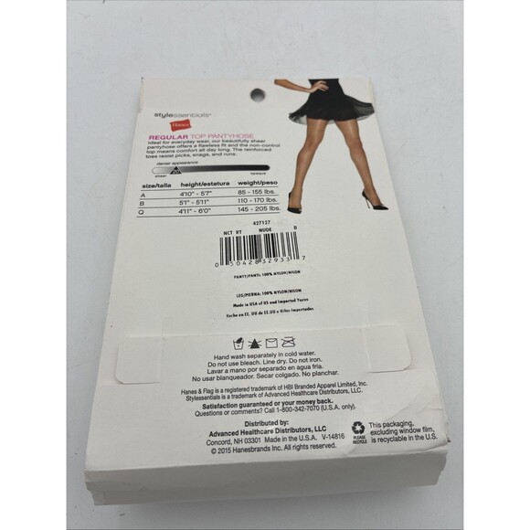 Hanes Regular Top Pantyhose Reinforced Toe Sheer Leg Size B Nude (2 Pair) - Picture 2 of 4